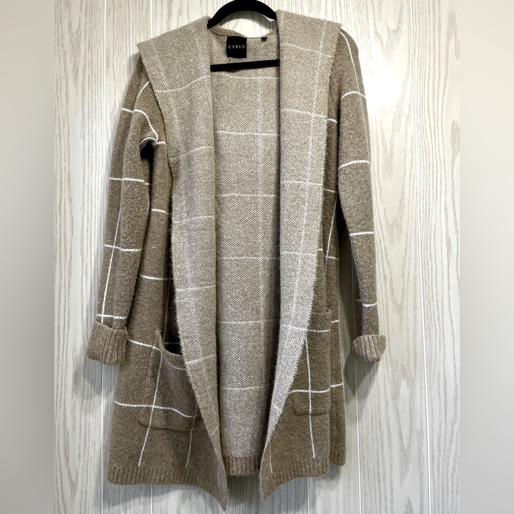 Cyrus Size S Open Long Cardigan Cozy Hood Pocket Striped Beige Cream Windowpane